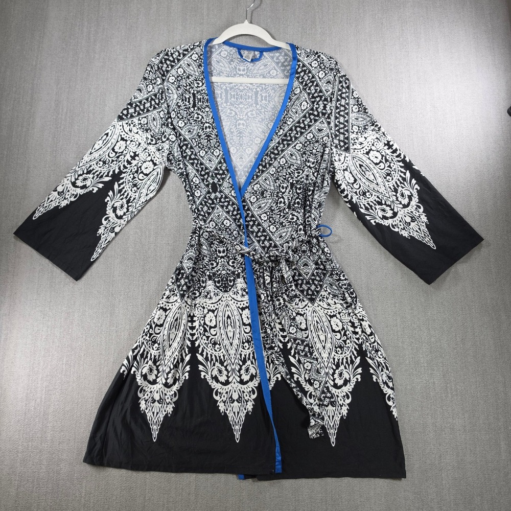 ND Intimates‎ Women L/XL Black Paisley Print Wrap Robe Blue Trim Kimono Sleeve